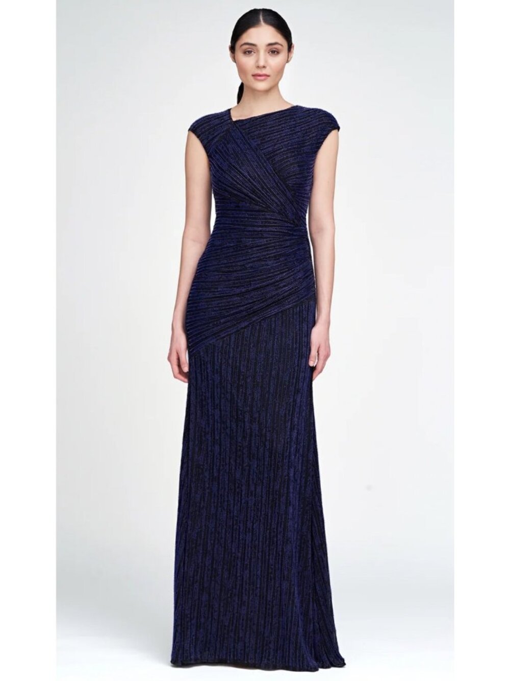 Theia Raya Beaded Asymmetric Draped Gown in Midnight